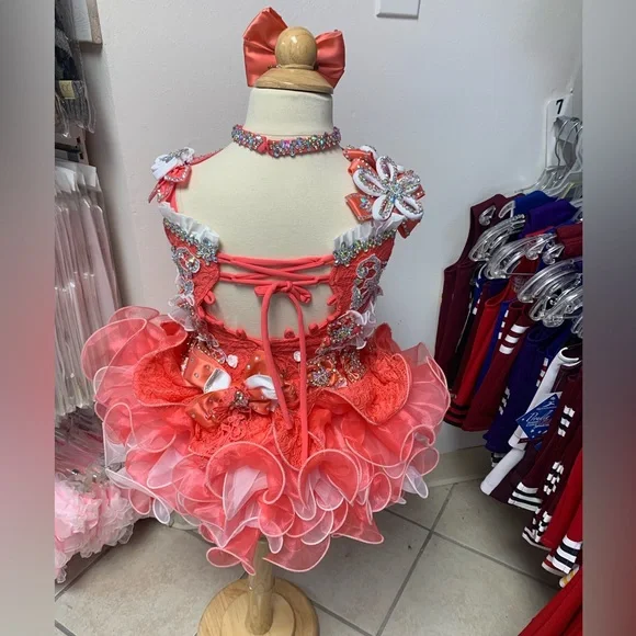 Size 3 Coral Corset Lace Up Back Beaded Cupcake Pageant Dress & Accessories NWT Size 3 Coral Corset Lace Up Back Beaded Cupcake Pageant Dress & Accessories NWT
